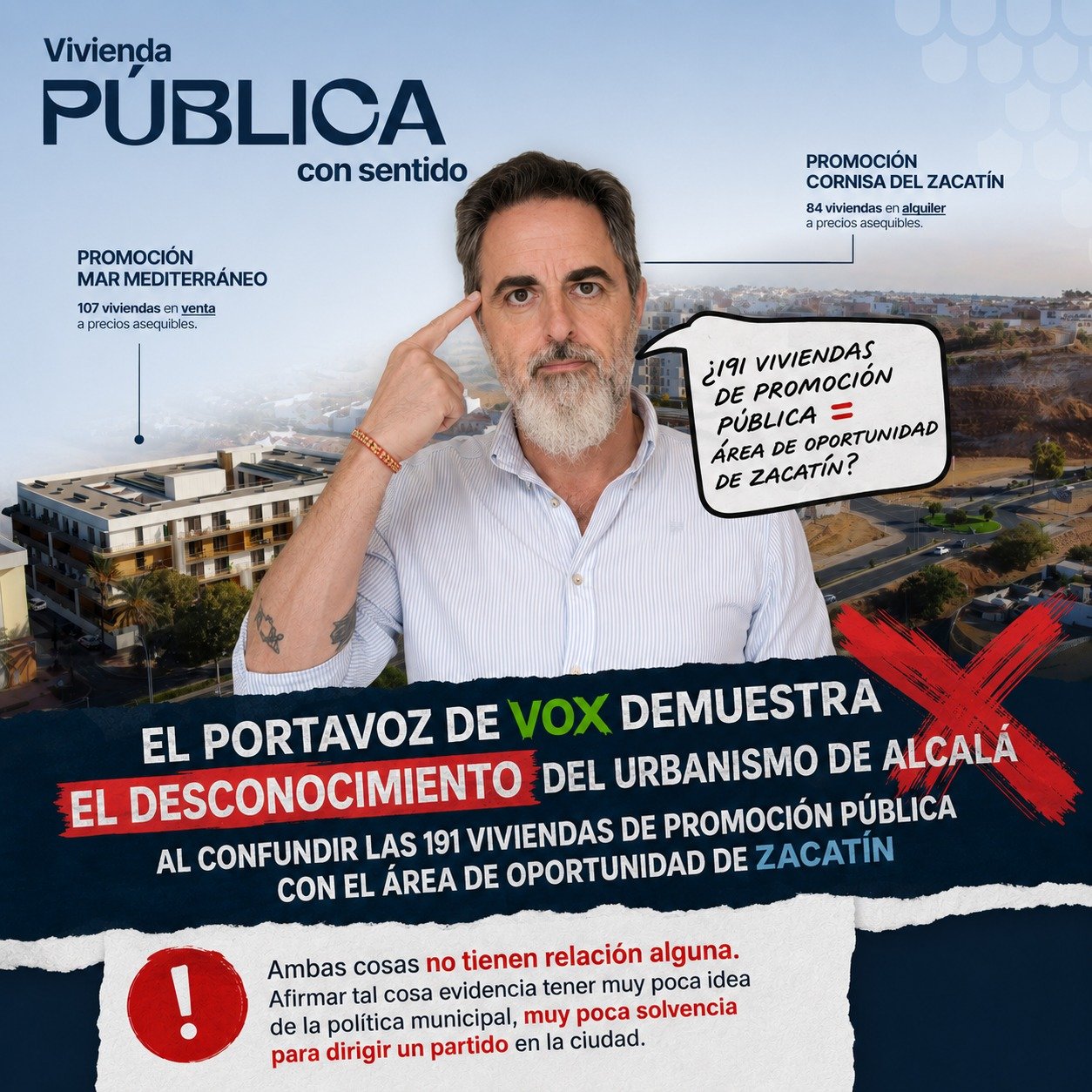 El portavoz de Vox demuestra el desconocimiento del urbanismo de Alcalá al confundir las 191 viviendas de promoción pública con el área de oportunidad de Zacatín